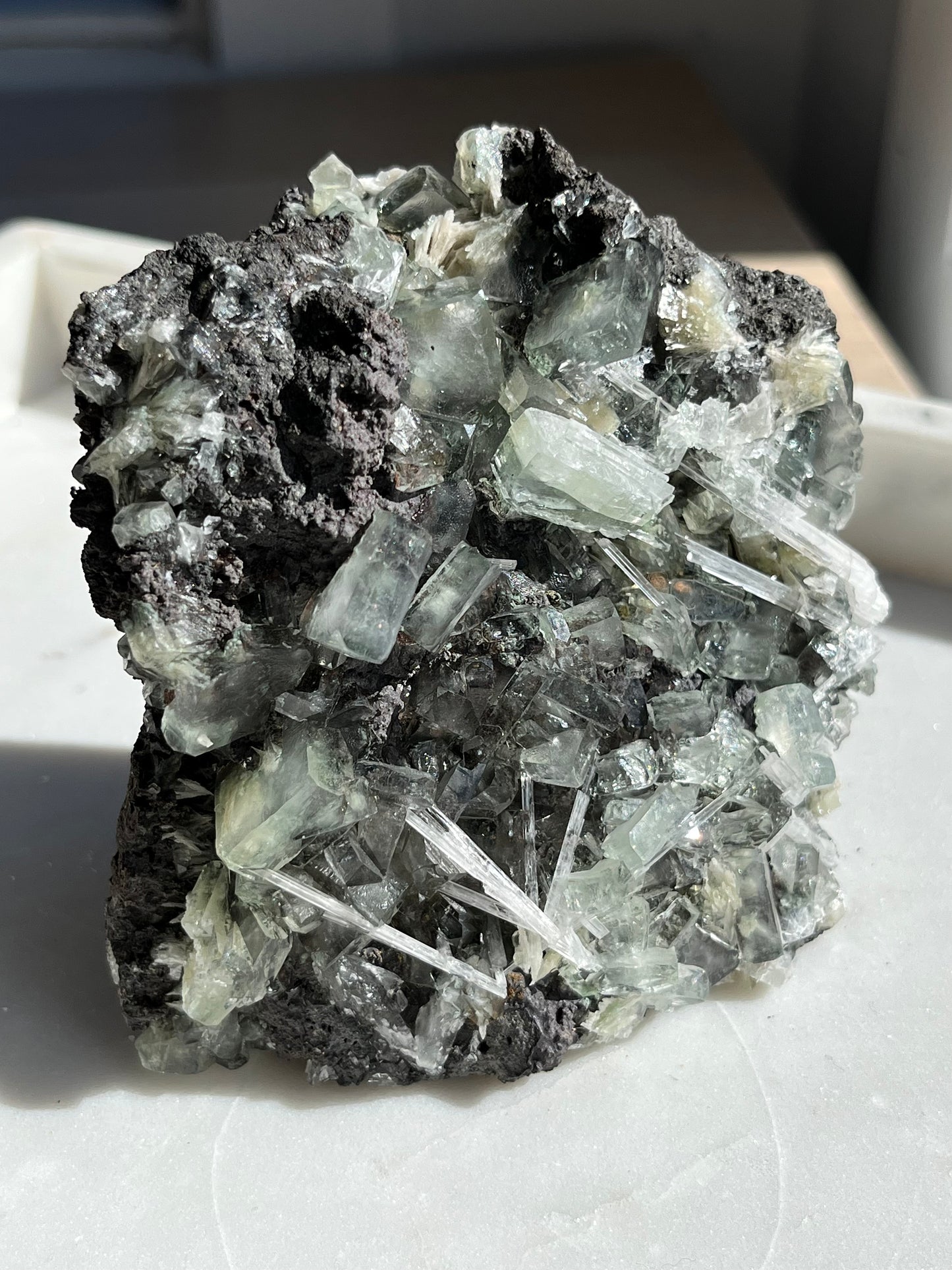 Green Apophyllite w/Scolecite Sprays on Basalt Matrix Specimen #31
